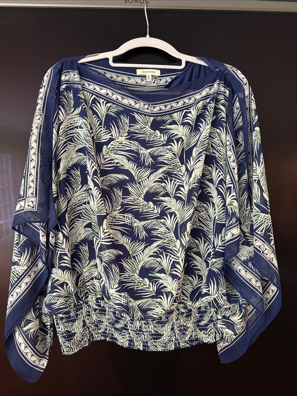 Max Studio Navy Palm-Leaf Print Top. Dolman sleeves.